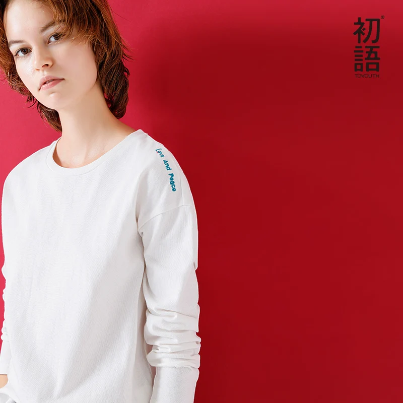 Toyouth Harajuku футболка с вышитыми буквами и длинным рукавом, осень, повседневная однотонная женская футболка с круглым вырезом, Свободный Топ для женщин