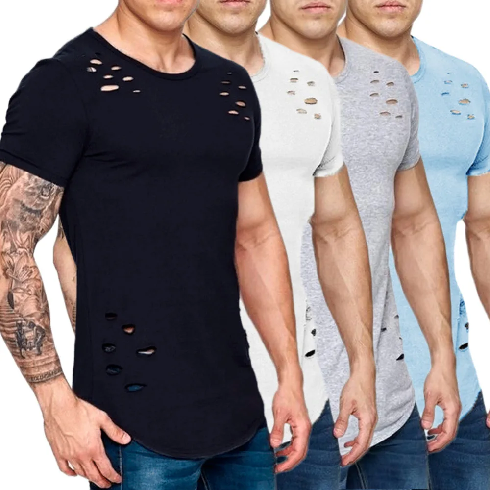 Летняя мужская футболка с рваными дырками модель 2018 размера плюс 3XL повседневная