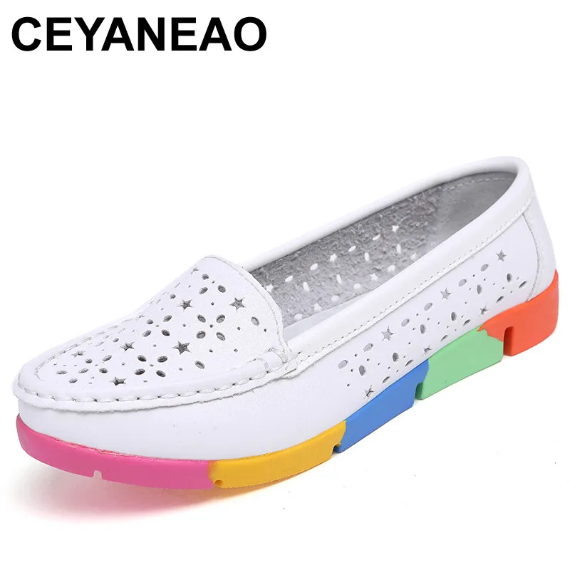 

CEYANEAO Women Casual Ballet loafers Flats Shoes Perforated Genuine Leather Slip on Cut Out Camouflage Ladies Soft ballerina