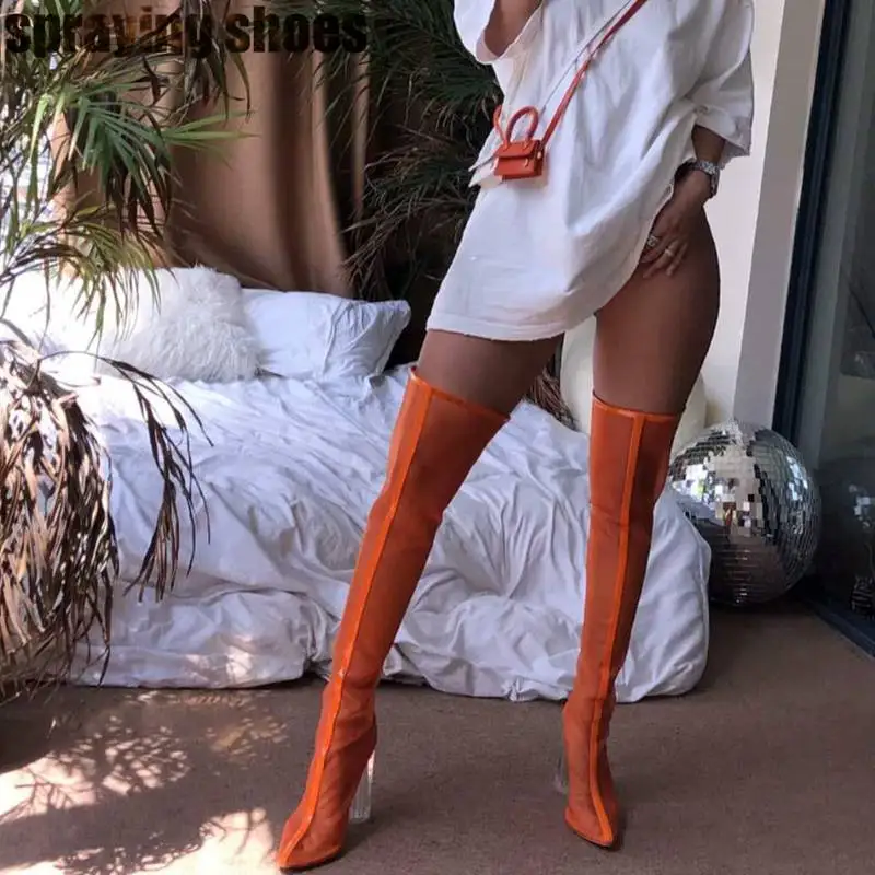 Оранжевый Fashion Neon Sandals Women Mesh Thigh High Boots Transparent Chunky High Heels Summer Sandals Long Boots Green/Orange/White/Gray - Цвет: Оранжевый
