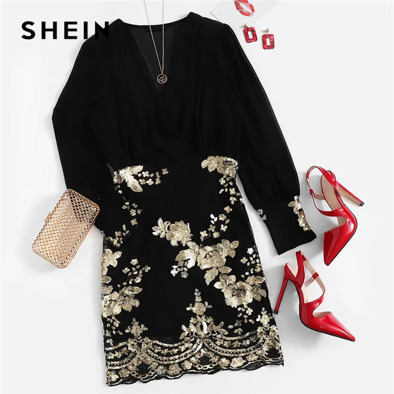 SHEIN Модное Платье Женское Осеннее Черное Элегантное С V Образным Вырезом И