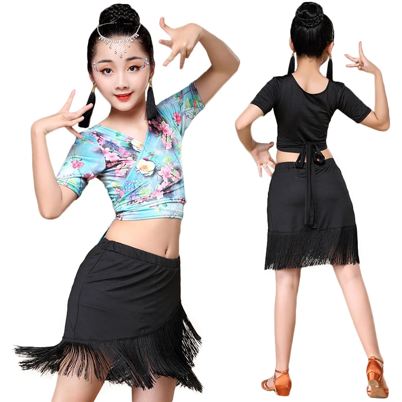 

New Latin Dance Dress Milk Fiber Tassel Children Fashion Ballroom Dance Costumes Latin Dance Children Practice Costumes 2pcs Set