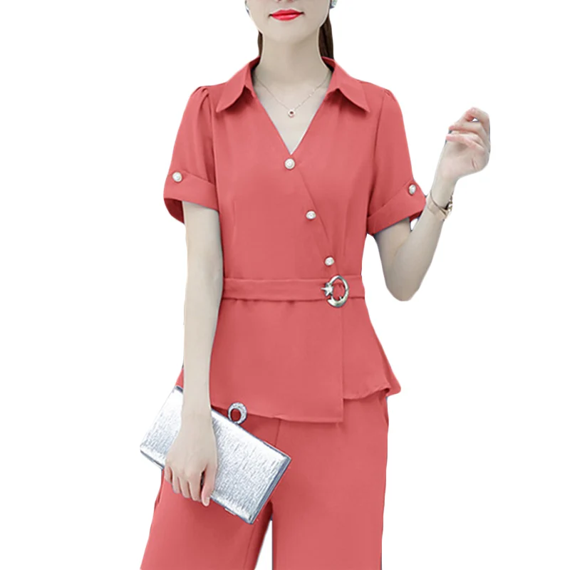 

Summer New Fashion Casual Wide leg pants Suit Women Chiffon Short-sleeve Tooling Two-piece Sets Womens Sportswear Sets Tide F553