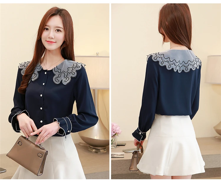 Новинка 2019 года летние милые женские блузки с воротником Питер Пэн белые темно