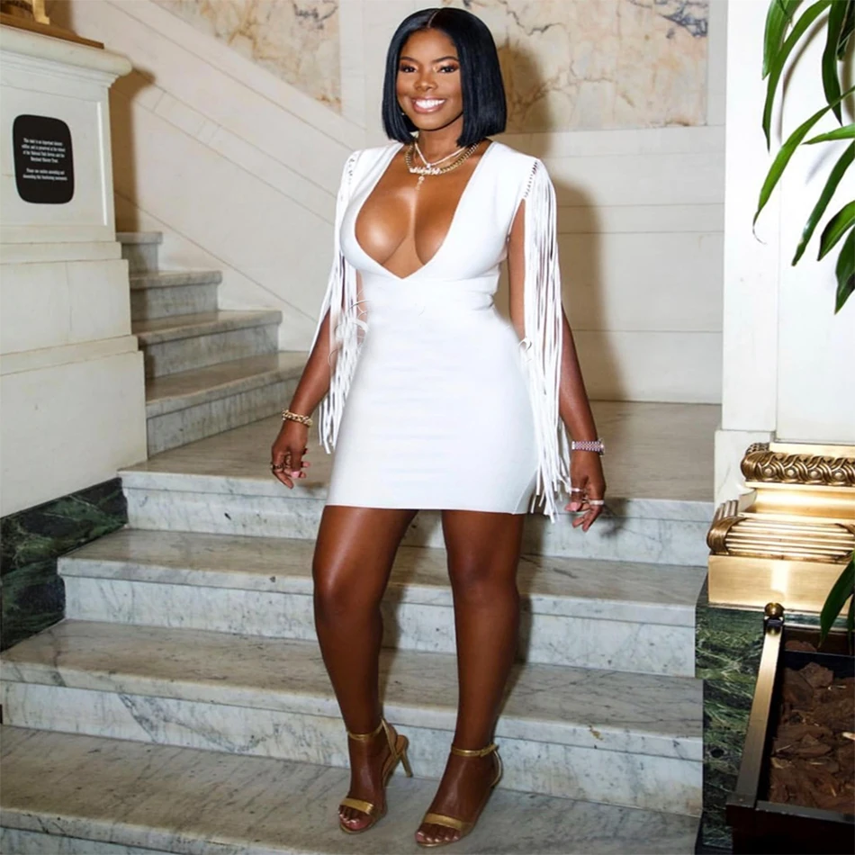 New Summer Celebrity Bandage Dress Women White Sleeveless Tassel V-Neck Sexy Night Out Bodycon Vestidos | Женская одежда