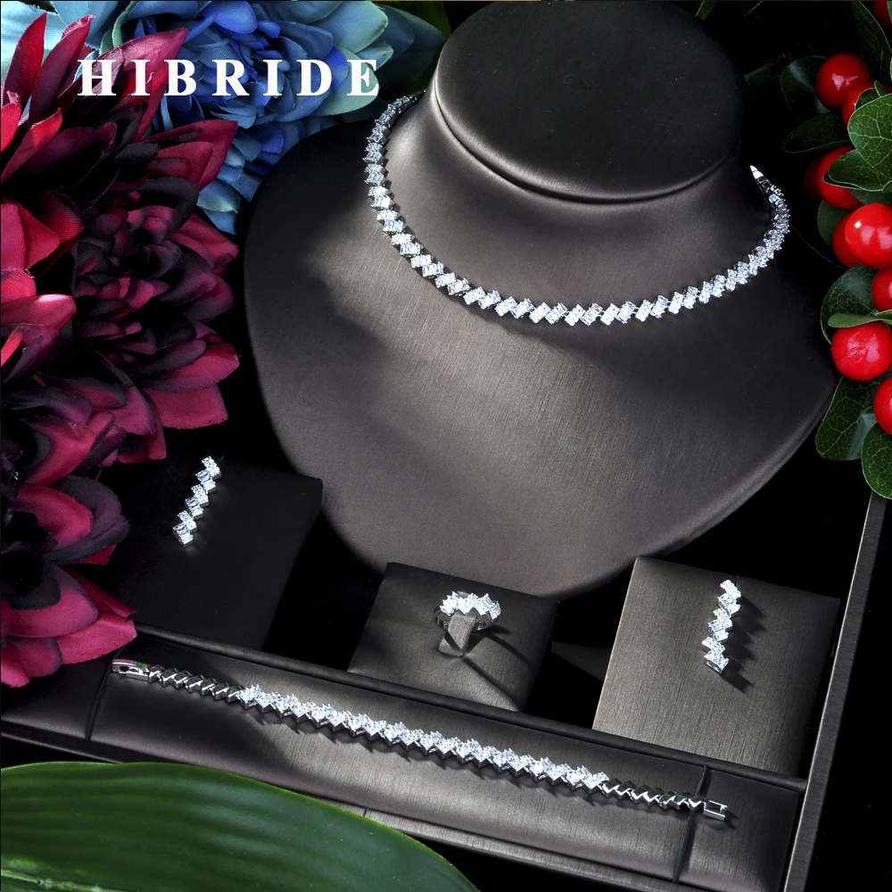 

HIBRIDE Luxury Floral 4PCS DUBAI Jewelry Sets For Women Wedding Cubic Zircon Crystal CZ Indian African Bridal Jewelry Sets N-51