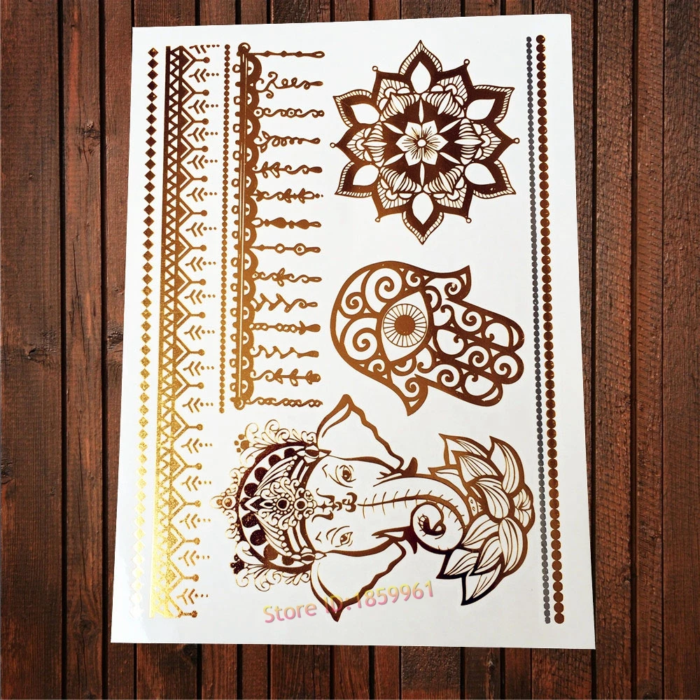 

1PC Hot Sale Indian Gold Tattoo Hamsa Hand Eye Elephant Ganesha Sun Flower Tatoo Flash Lace Henna Temporary Tattoo Sticker AYS98