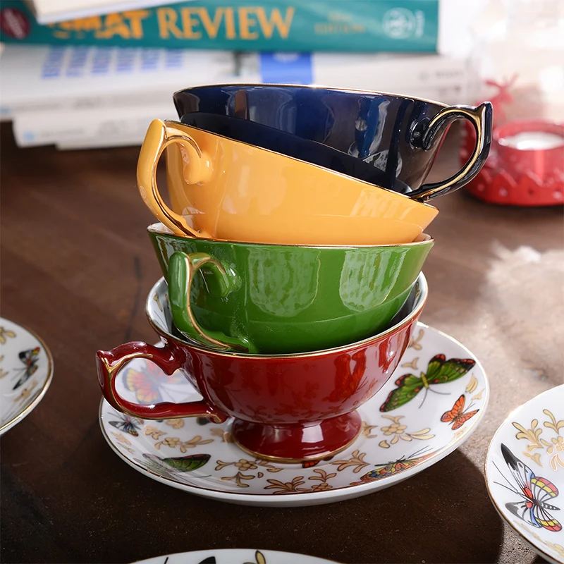 

210ML Pastoral Style Butterfly Pattern Coffee Cup with Saucer Kit Ceramic Bone china Black Tea Mug Home Drinkware Friend Gifts