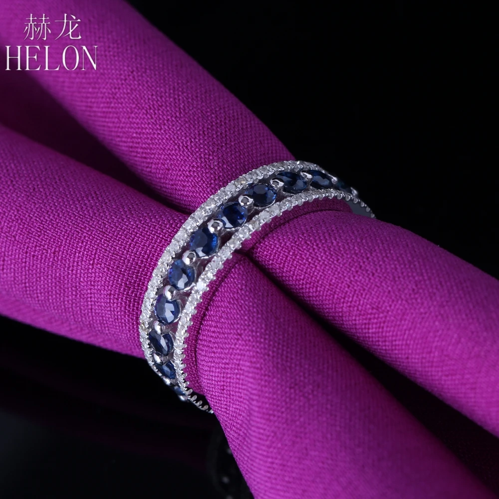 

HELON Real 10k White Gold 1.7CT H/SI Round Genuine Natural Diamond & Sapphires Engagement Ring Women Wedding Trendy Fine Jewelry