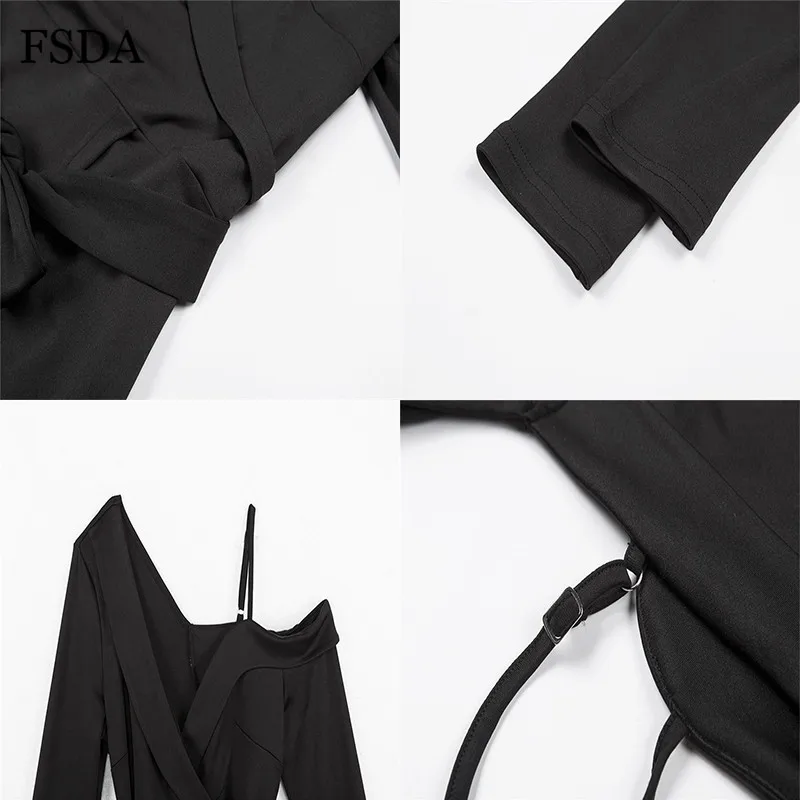 Женское мини платье FSDA черное облегающее на одно плечо с бантом и длинным