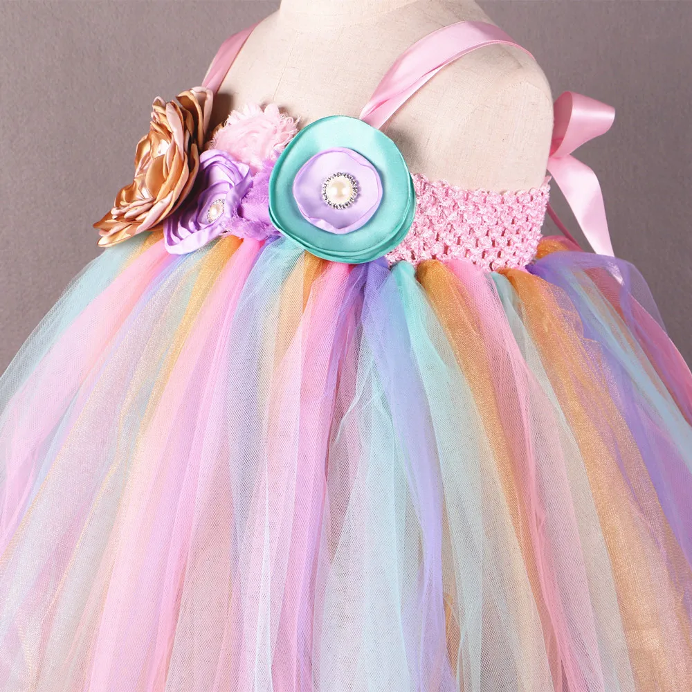 Rainbow Flower Girl Tutu Dress Princess Children Girls Tulle Party Dresses Boutique Kids Pageant Wedding Ball Gown | Детская одежда и