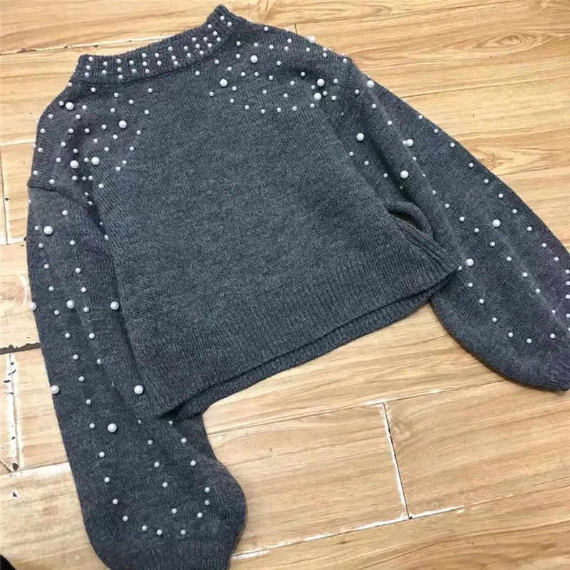 

New Women autumn winter gray peal sweater Pullover beading Lantern Sleeve Sweaters
