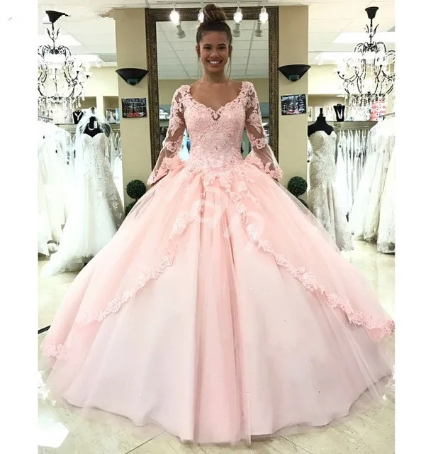 Новая коллекция Quinceanera 15 лет Vestidos De Anos розовое Пышное Платье с v образным вырезом