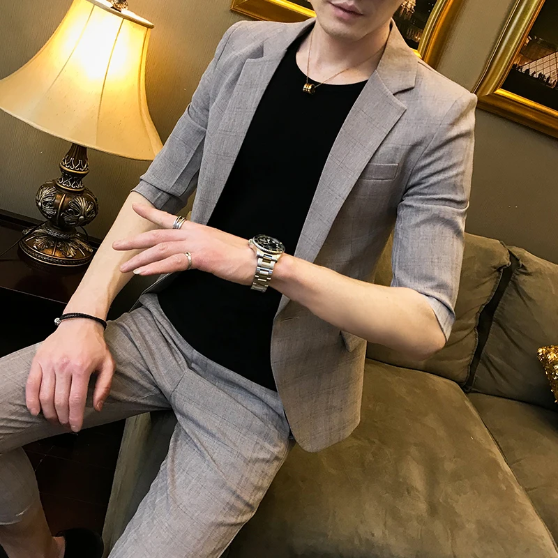 Spring and summer men's sleeves small suit Korean Slim youth hair stylist business two sets of tide (shirt + pants) | Мужская одежда
