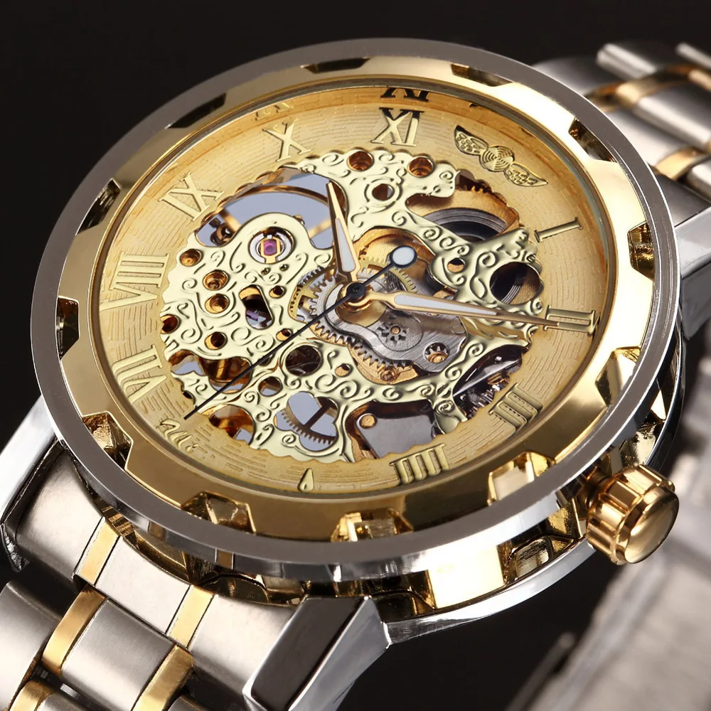 

New Gold Watch Men fashion business leisure hollow gold table with a manual mechanical watch Men's Clock Winner