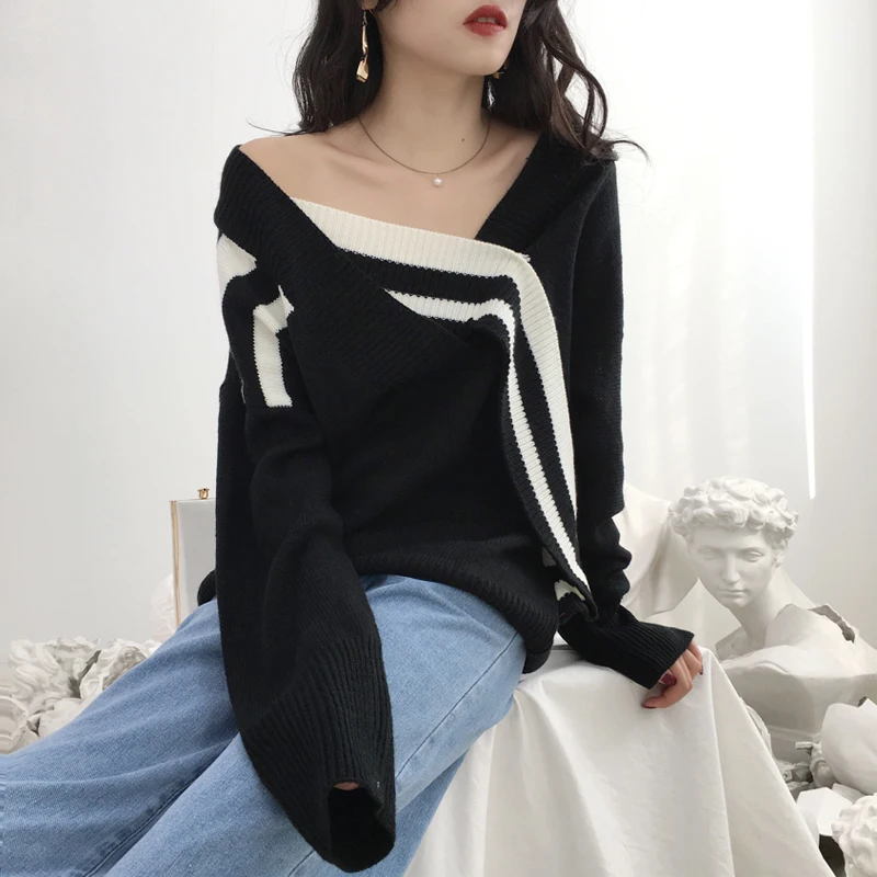 Asymsay Новинка 2017 года стильное платье черный белый цвет шить нерегулярные V