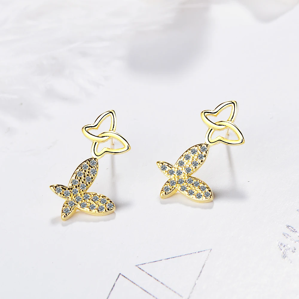 

Real 925 silver needle Micro Pave Cubic Zirconia Earring For Women Golden Butterfly Stud Earrings