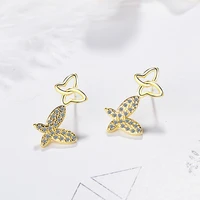 real 925 sterling silver micro pave cubic zirconia earring for women golden butterfly stud earrings