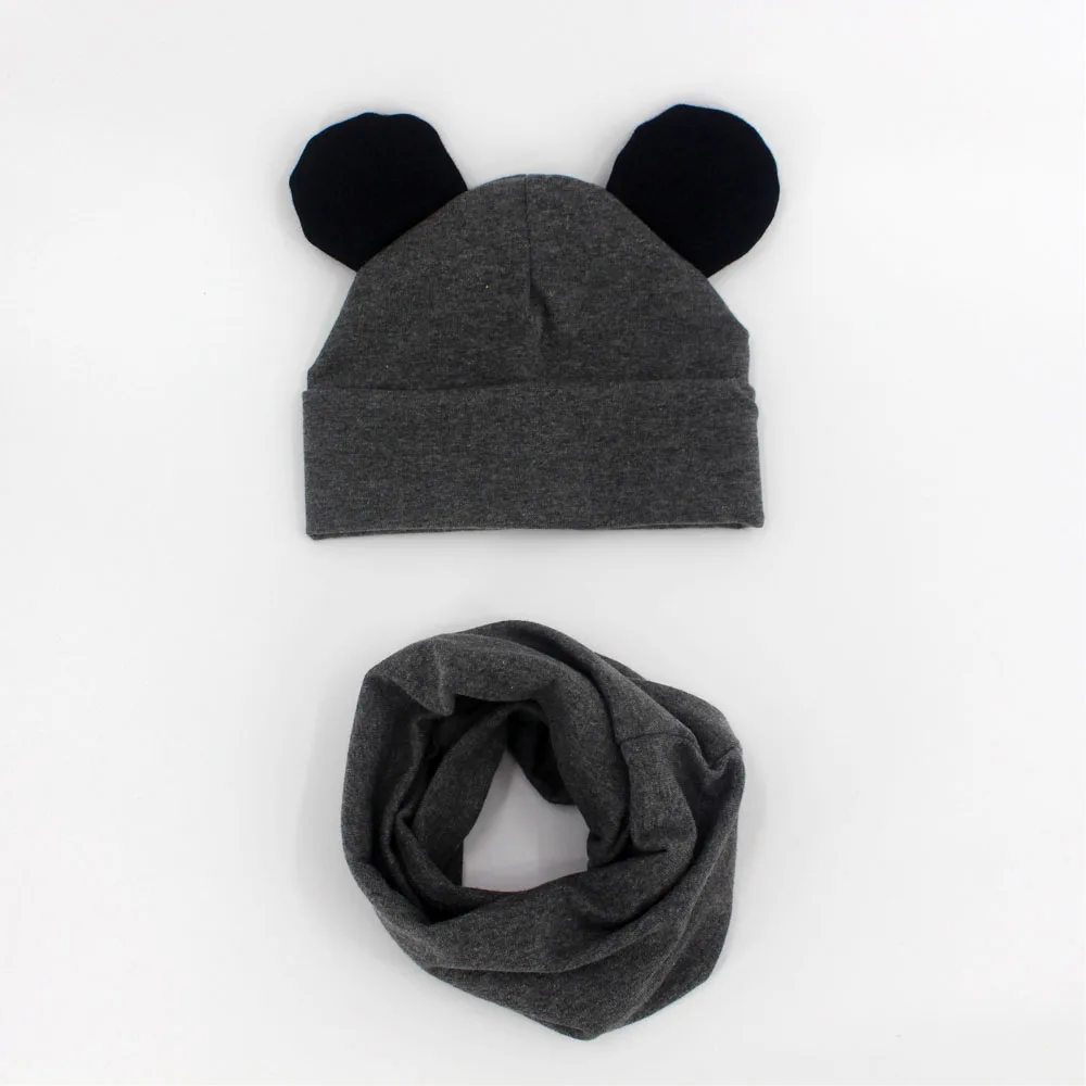 dark gray black Новая весенне-осенняя хлопковая детская шапка с мягкими ушками для мальчиков и девочек набор из шапки и шарфа зимняя детская Милая шапочка Детские вязаные головные уборы наборы - Цвет: dark gray black