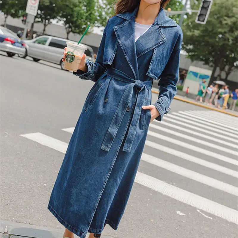 denim blue Джинсовое пальто для женщин осенняя длинная Кофта свободного кроя женские двубортные свободные джинсы Тренч ветрозащитное манто Femme C5635 - Цвет: denim blue