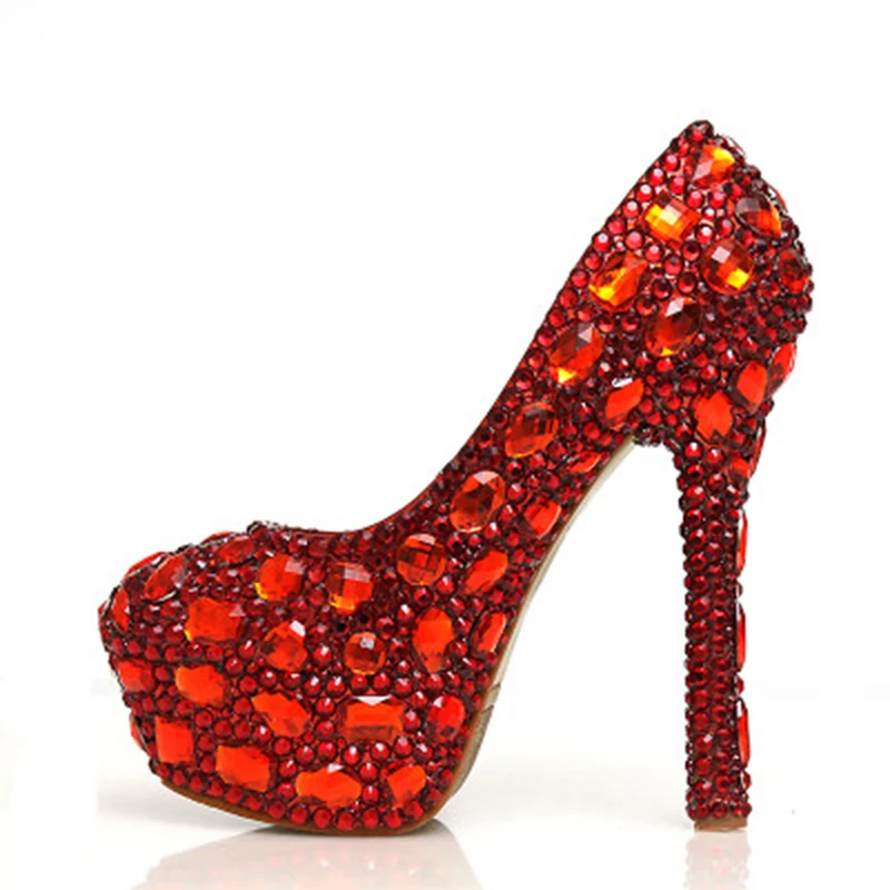 Модные блестящие красные свадебные туфли стразы на низком каблуке