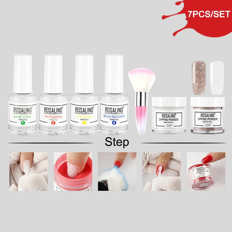 RP-7PCS-01 ROSALIND погружающая блестящая пудра натуральный сухой хром пигмент дизайн ногтей пыль голографическая Пудра Набор для гель-лака маникюр - Цвет: RP-7PCS-01
