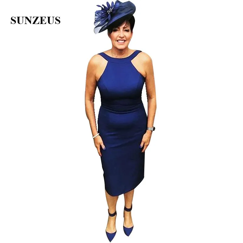 

Sheath Tea Length Navy Blue Mother Of The Bride Dress Simple Elegant Lady Dinner Dress Sleeveless Women Party Gowns For Wedding