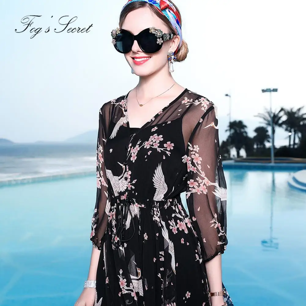 Женские платья из натурального шелка цветные черные кружевные с принтом птицы