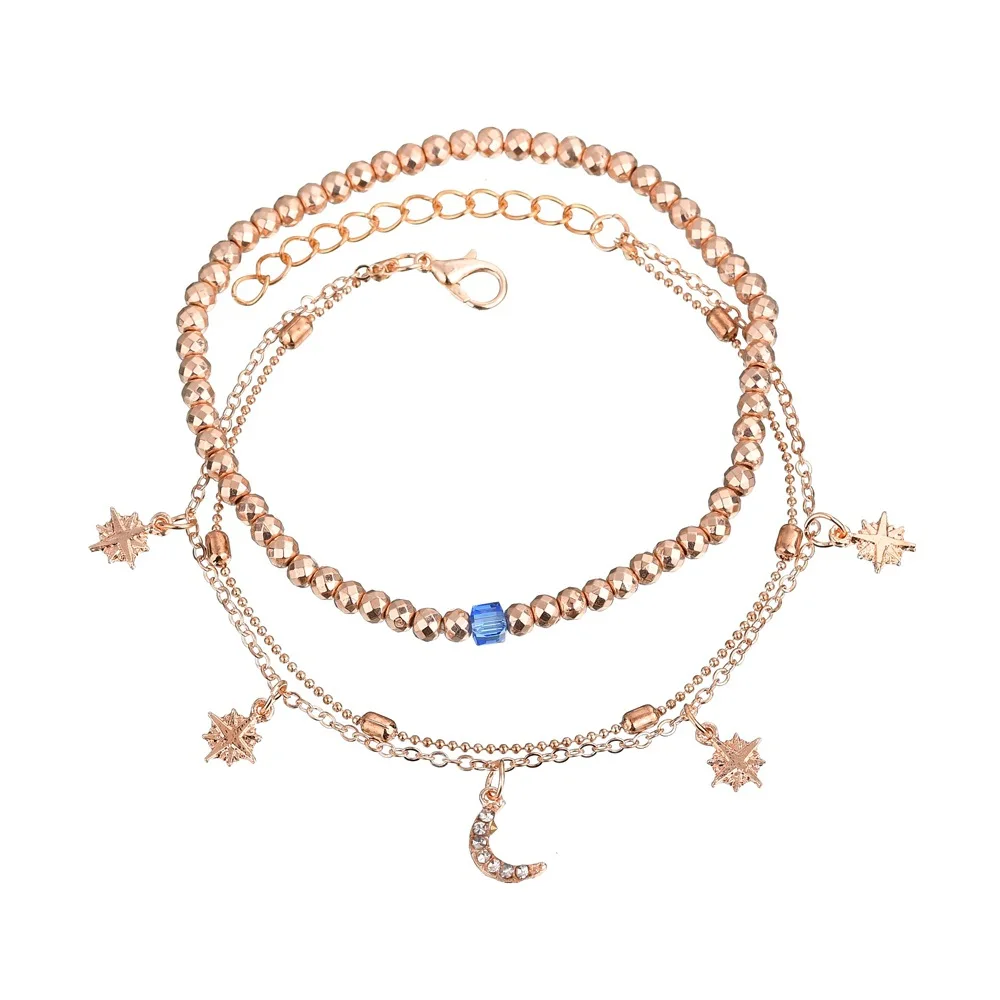 New street shoot personality fashion sexy 3 layers chain gold color crystal beads Moon Star Bracelet Anklets women Jewelry | Украшения и