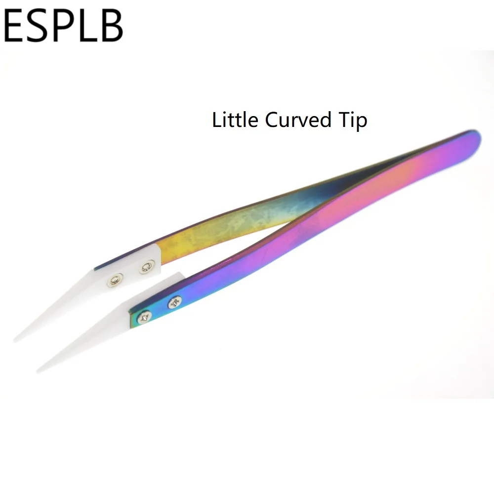 Little Curved Tip ESPLB Радуга керамические пинцеты сигареты, из нержавеющей стали термостойкие антистатическое покрытие точность пинцеты прямые, изогнутые - Тип головки пинцета: Little Curved Tip