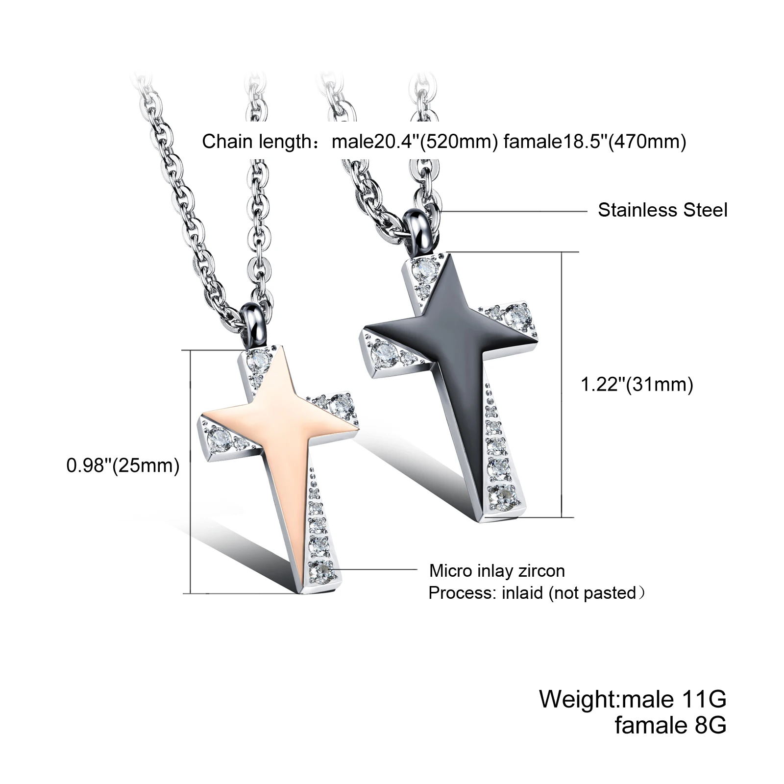

Romantic Stainless Steel Cross Design Lover's Pendant Necklaces Classical Cubic Zirconia Women Men Jewelry couple Necklace Gift