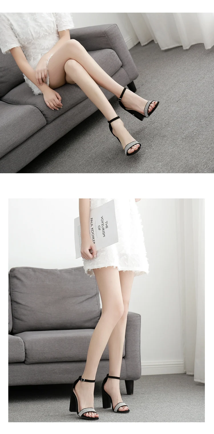 Aneikeh Women Shoes Sandals Round Toe Diamond Square High Heels Summer Party Daily Buckle Strap Ankle Cover Heel Size 35-42