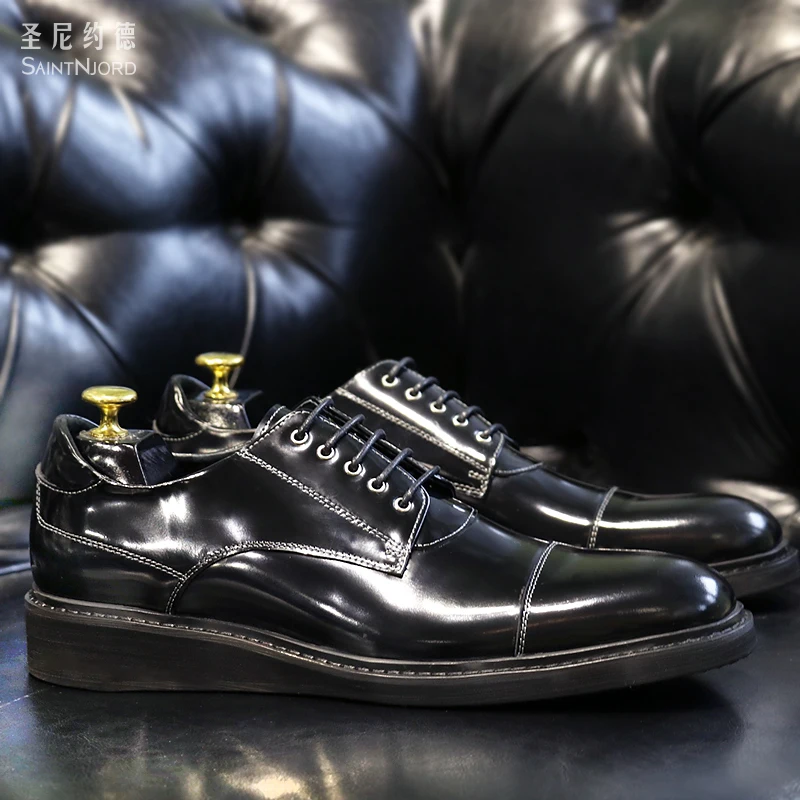 

Hottest British patent leather shoes fashion men's business casual shoes thick sole black real leather flats party wedding shoes
