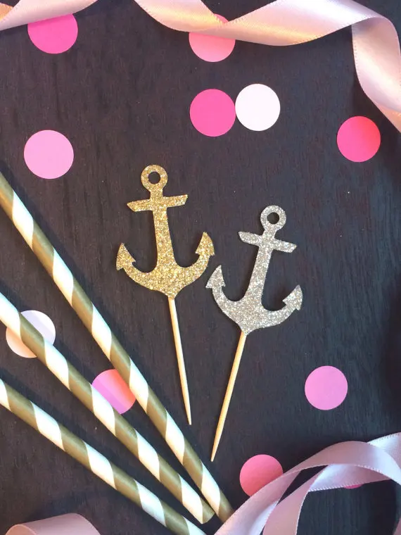 

Glittery Anchor Cupcake Toppers Nautical wedding decor for birthday parties, bridal shower, baby showers party food picks