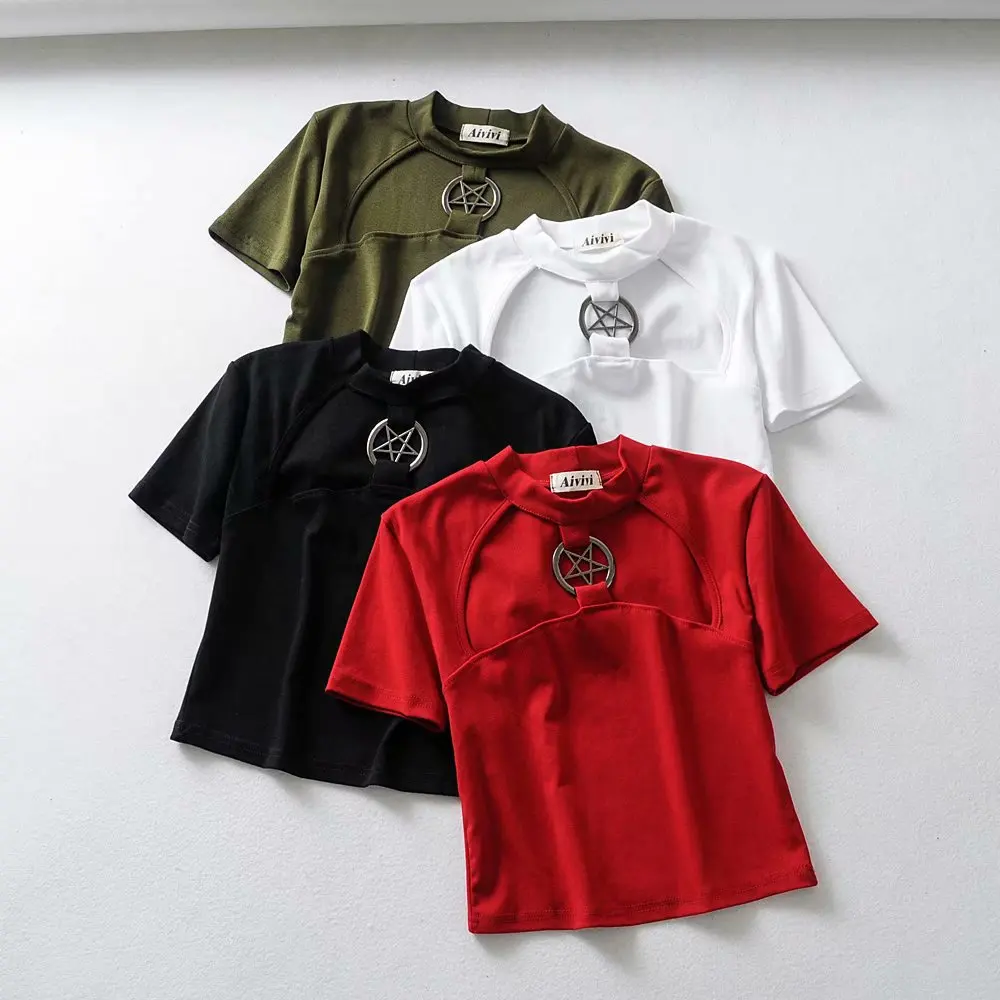 Женская футболка с пентаграммой облегающая хлопковая Футболка вырезом короткие