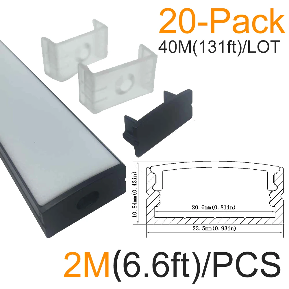 20 Pack 2 M (6.6ft) черный светодиодный алюминиевый профиль мм u образный для 5050 3528 полосы