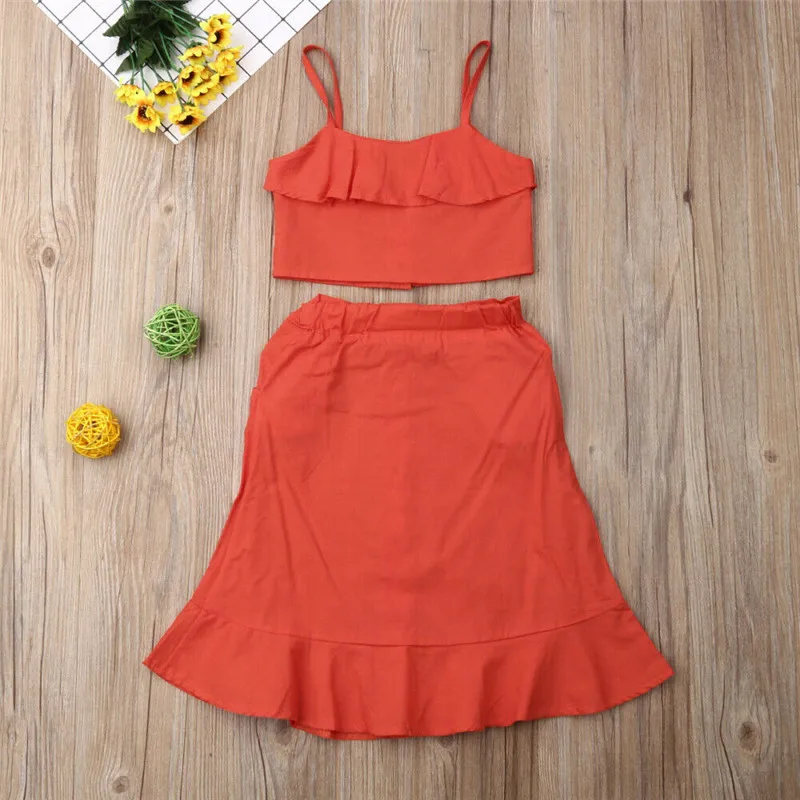 Casual Kids Baby Girls Sets Solid 2Pcs Button Sling Vest Crop Tops+Ruffled Skirts Summer Cotton Clothes Outfits 1-6Y | Детская одежда и