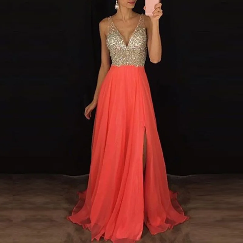 Женское платье длинное вечернее с блестками сексуальное пляжное без рукавов