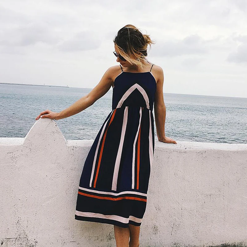 

Boho Striped Beach Dress Women Summer Vacation Sundress Spaghetti Strap Casual Dress Chiffon Print Vestido De Verano bodycon