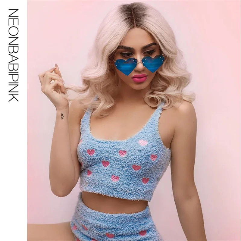 NEONBABIPINK розовый с сердцем синий милый низким вырезом укороченный топ женский Harajuku