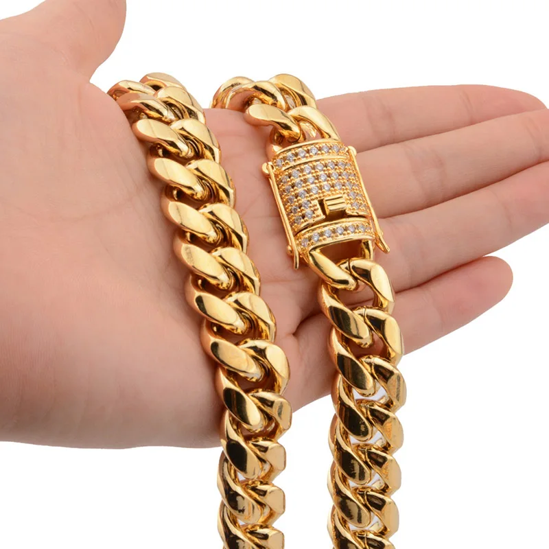 6-18mm wide Stainless Steel Cuban Miami Chains Necklaces CZ Zircon Box Lock Big Heavy Gold Chain for Men Hip Hop Rock jewelry images - 6