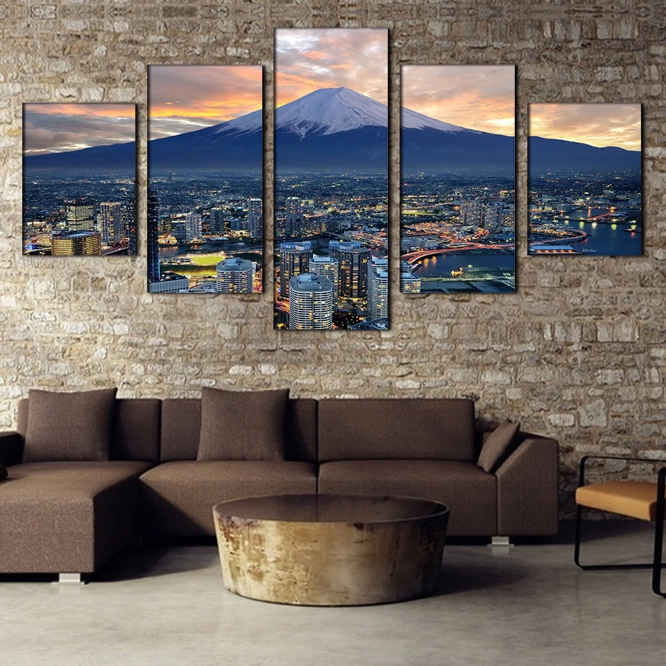 Home Decor Pictures Vintage HD Print 5 Panel City At Night Landscape Paintings On Canvas Wall Modular For Living Room | Дом и сад