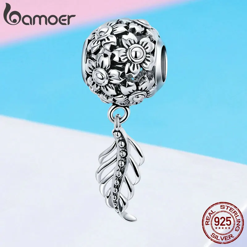 BAMOER, трендовые 925 пробы, Серебряный цветок маргаритки, винтажные перья, Подвески, подходят для браслетов и ожерелий, DIY аксессуары, ювелирные изделия SCC715