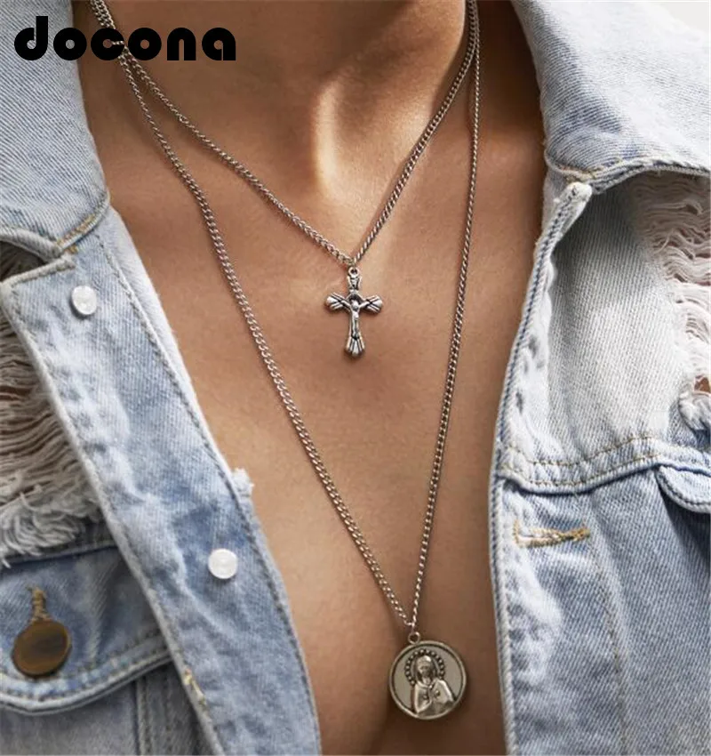 Docona Панк Серебряный цвет крест Будда кулон ожерелья для женщин сплав