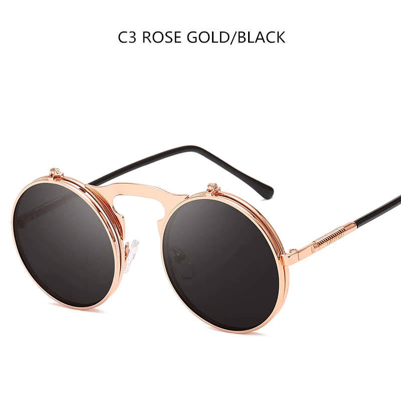 Rose Dold Black Ретро стимпанк Круглый Винтаж Круглый флип-ап солнцезащитные очки для женщин и мужчин в стиле панк Солнцезащитные очки металлическая оправа черные солнцезащитные очки для мужчин UV400 - Цвет линз: Rose Dold Black