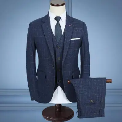 Mens 3 Piece Suit ( Jacket +Vest+Pants) Plaid Slim Fit Black Blue Fashion Suits Wedding For Men 5XL | Мужская одежда