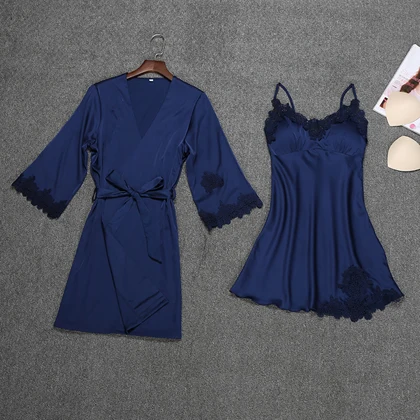 dark blue Женский пикантный Шелковый Атласный вечерний комплект с платьем кружевной халат, модный халат+ ночная рубашка, 2 предмета, летняя одежда для сна для женщин - Цвет: dark blue