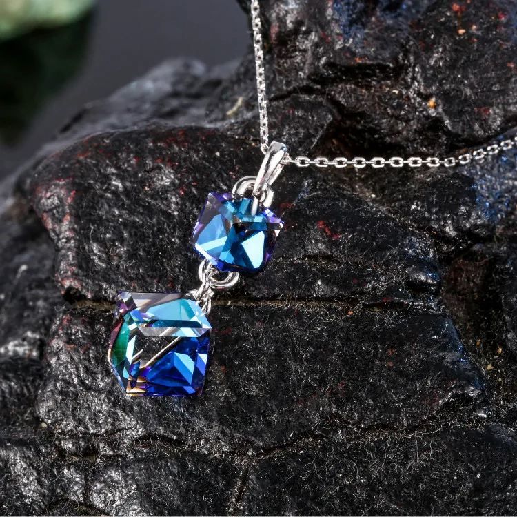 Ожерелье с кристаллами Swarovski, женское квадратное двойное ожерелье с синим кубическим кристаллом, женское ювелирное ожерелье
