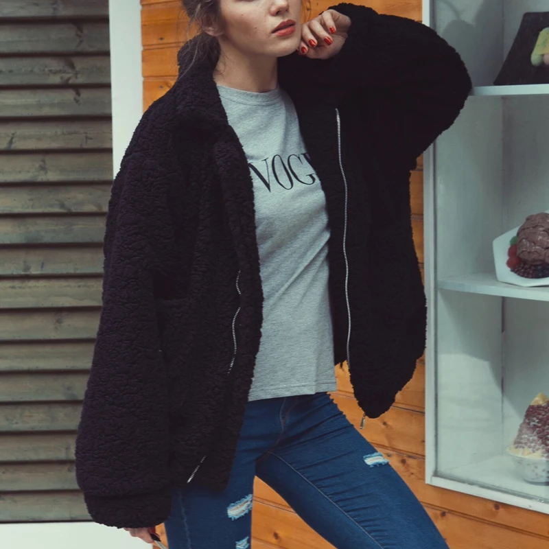 Женское пальто из ягненка винтажная Свободная куртка с карманами осенне зимнее