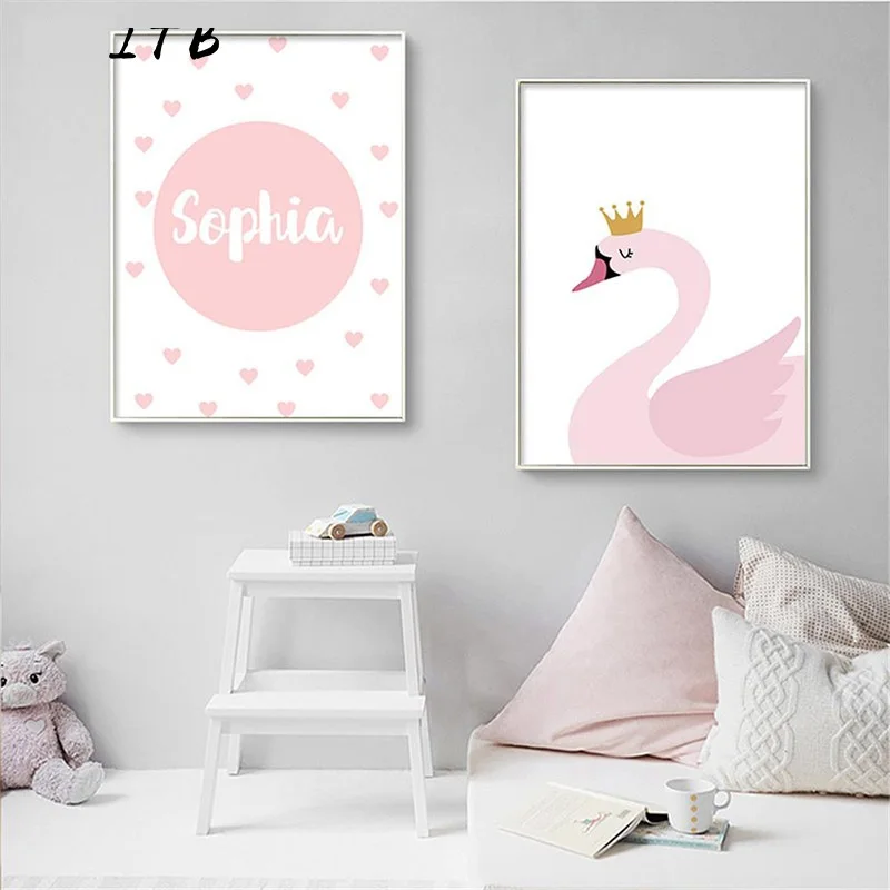 Personal Name Custom Poster Cartoon Pink Swan Nursery Print Painting Decorative Picture Baby Girls Living Room Decoration | Дом и сад
